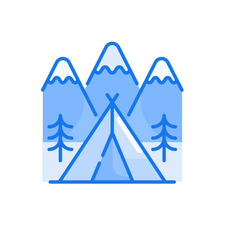 Winter camping vector blue colours icon style illustration.