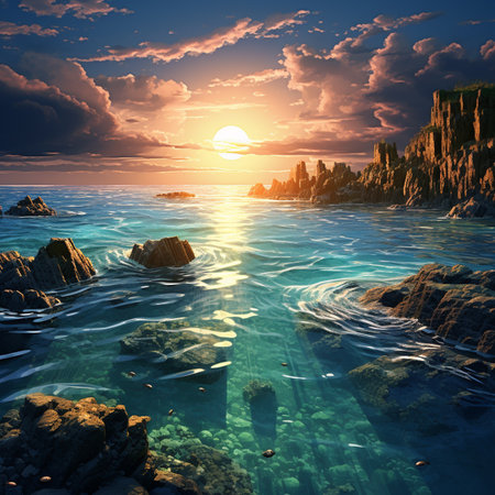Beautiful seascape. Sunset over the sea. 3d renderの写真素材