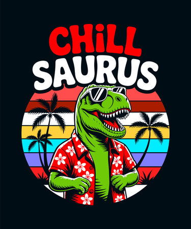 a cool dinosaur wearing a hawaiian shirt and sunglasses enjoying a summer vacation on a tropical beachのイラスト素材