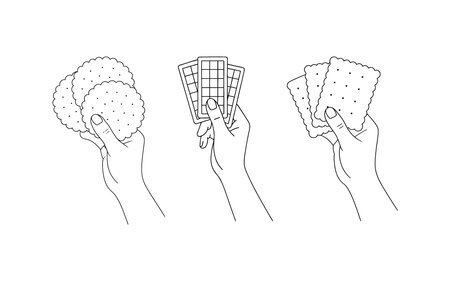 a simple line art illustration of hands holding crackers chocolate and biscuits in black and white 100のイラスト素材
