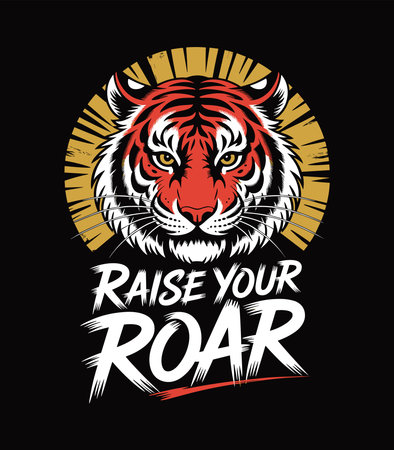 fierce tiger graphic illustration with the words raise your roar on a black background for apparel designのイラスト素材