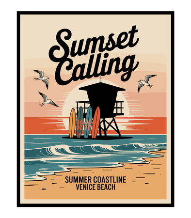 A vintage style illustration featuring a lifeguard tower silhouette against a warm sunset. Four...