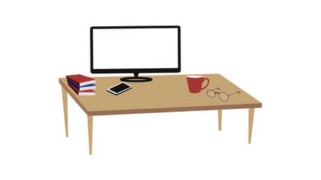 Computer desk table and books , mobileのイラスト素材