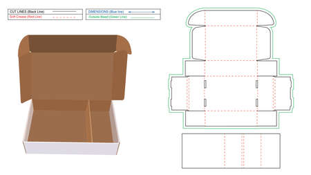 Corrugated mailer box or shipping roll end box with separator dieline template and 3D render fileのイラスト素材