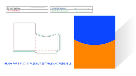Rounded top shape Pocket or folder dieline for 8.5x11 inch page but editable and resizable with 3D readyのイラスト素材