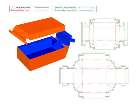 Foldable box, corrugated standard shipping box dieline template and 3D render, assemble without glue boxのイラスト素材