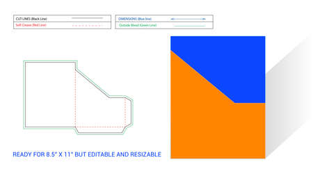 Editable and Resizable Pocket or folder dieline ready for 8.5x11 inch page with angle shape transparent window cut and Angle cut, 3D renderのイラスト素材