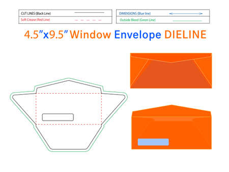 4.5x9.5inch Window Envelope dieline template and 3D envelope editable easily resizableのイラスト素材