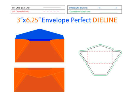 Editable easily resizable Regular Envelope 3x6.25 inch dieline template and 3D envelopeのイラスト素材