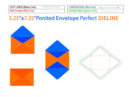 Baronial  envelope or Pointed flap envelope 5.25x7.25 inch dieline template and 3D envelope Editable easily resizableのイラスト素材