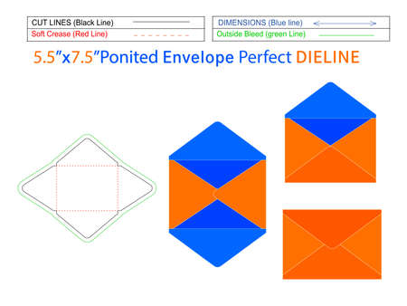 5.5x7.5 inch pointed Flap envelope or baronial  envelope dieline template and 3D envelope editable easily resizableのイラスト素材