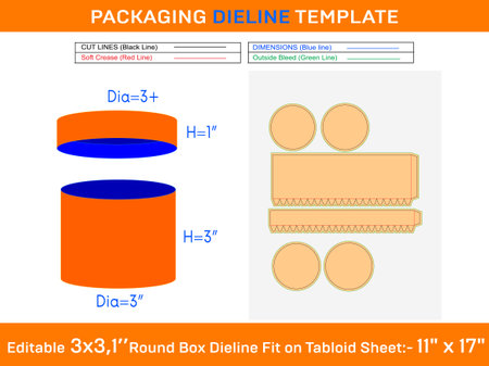 Christmas Box, round lid gift box dieline template with the dimension H1 3, D 3, H2 1 inchのイラスト素材
