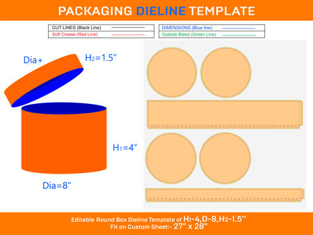 Flower gift box, round lid gift box dieline template with the dimension H1 4, D 8, H2 1.5 inchのイラスト素材