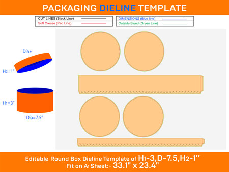 Hat box, round lid gift box dieline template with the dimension H1 3, D 7.5, H2 1 inchのイラスト素材