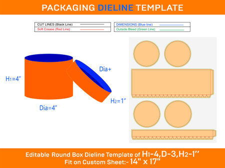 Kraft round box, round lid gift box dieline template with the dimension H1 4, D 4,  H2 1 inchのイラスト素材