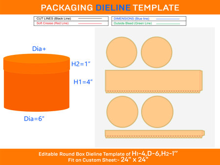 Holiday gift box, round lid gift box dieline template with the dimension H1 4, D 6, H2 1 inchのイラスト素材