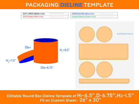 Paper box, round lid gift box dieline template with the dimension H1 6.5xD 6.75xH2 1.5 inchのイラスト素材