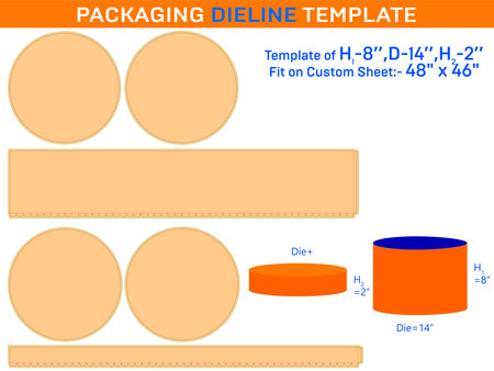 Preserved rose box, round lid gift box dieline template with the dimension H1 8xD 14xH2 2 inchのイラスト素材