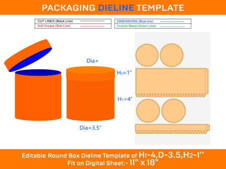 Templates of box for round hat, round lid gift box dielinewith the dimension H1 4, D3.5, H2 1 inchのイラスト素材
