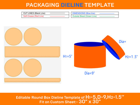 Symphony hat box, round lid box dieline template with the dimension H1 5, D 9, H2 1.5 inchのイラスト素材