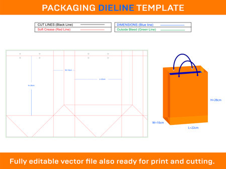 Custom Paper Shopping Bag  22x10x28 cm Dieline Templateのイラスト素材