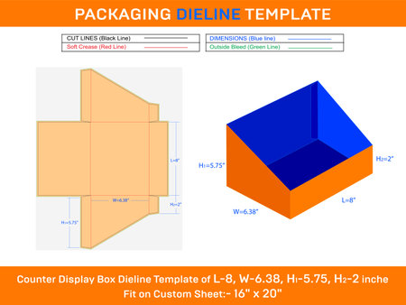 Phone cases counter display box dieline template 8x6.38x5.75 incheのイラスト素材