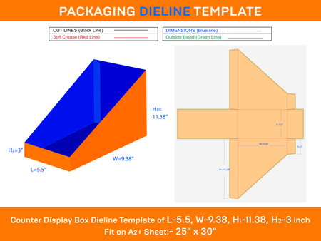 Counter Display Box Delline Template for Cardboard L 5.5xW 9.38xH1 11.38xH2 3 incheのイラスト素材