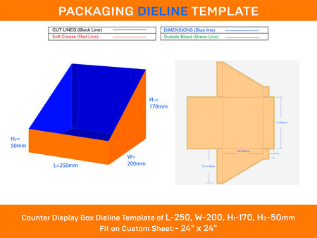Cardboard counter top display box dieline template L 250xW 200xH1 170xH2 50mmのイラスト素材