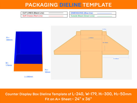 Cardboard counter display box dieline template for small paper L 240xW 179xH1 300xH2 50mmのイラスト素材