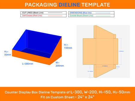 Cardboard counter display box dieline template for small books L 300xW 200xH1 150xH2 50mmのイラスト素材