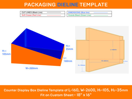 Cardboard counter display box dieline template for cosmetics, cards L 160xW 260xH1 105xH2 35mmのイラスト素材