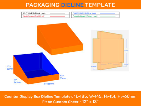 Cardboard counter display box dieline template for cosmetics L 185xW 145xH1 60xH2 35mmのイラスト素材