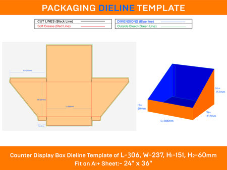 Cardboard counter display box dieline template for cards L 306xW 237xH1 251xH2 60mmのイラスト素材