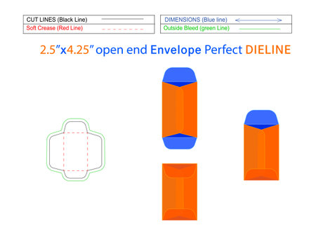 2.5x4.25 inch Open end envelope or Catalog envelope dieline template with 3D envelope editable and easily resizable vector file.のイラスト素材