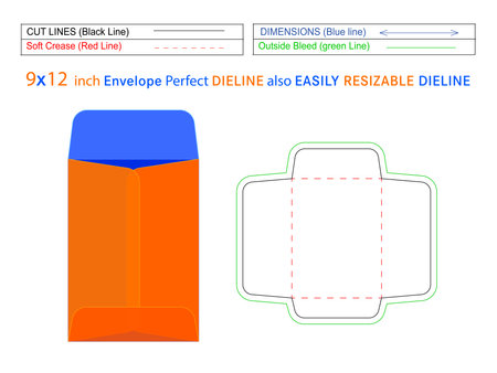 Catalog envelope or policy open end envelope 9x12 inch dieline template and 3D envelope editable easily resizable vector file.のイラスト素材