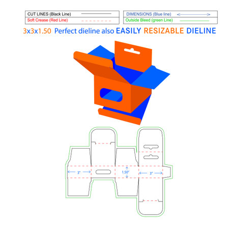 Hanging display box, bottom snap lock mobile charger box, 3x3x1.50 inch box dieline Template and Best 3D  box designのイラスト素材