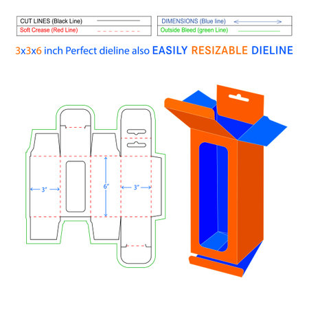Hanging window box, snap lock mobile charger box, 3x3x6 inch box dieline Template and 3D box Designのイラスト素材