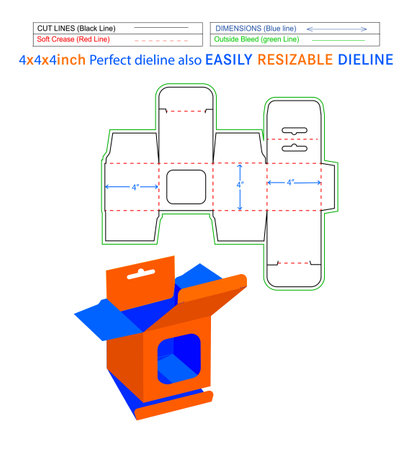Hanging window box, square snap lock mobile charger box, 4x4x4 inch box dieline Template With Perfect Dimensionのイラスト素材
