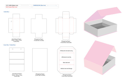Magnetic closure rigid box dieline and pale pink 3D box for mockup Design.のイラスト素材