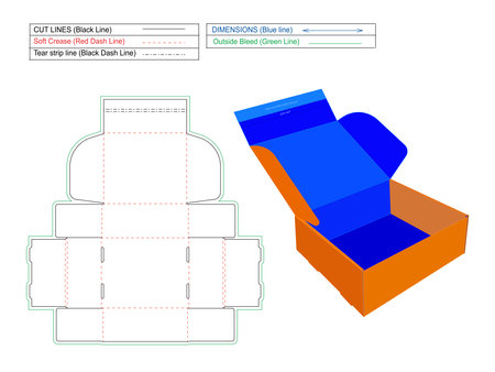 Mailer paper box with front side adhesive tape and tear stripe dieline template with 3D box designのイラスト素材