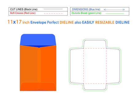 Open end envelope or Catalog envelope 11x17 inch dieline template and 3D envelope designのイラスト素材