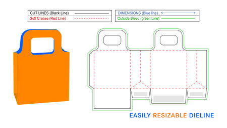Paper shopping bag with handle cut, resizable dieline template and 3D box designのイラスト素材