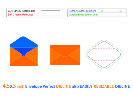 Plain mini envelope 4.5x3 inch perfect dieline template and 3D envelope editable easily resizable vector designのイラスト素材