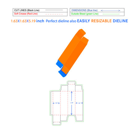 RTE reverse tuck end folding box food cardboard cosmetics box(1.63x1.63x5.19) inch Dieline template with 3D Box design and editable vector fileのイラスト素材