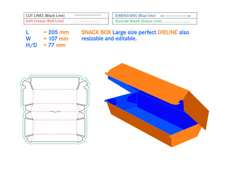 Snack box Large size perfect dieline 205 x 107 x 77 mm or burger box Die-cut template Self  with 3d box designのイラスト素材