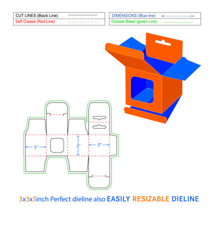 Snap lock mobile charger box, Hanging window box 3x3x3 inch box dieline template with 3D box design.のイラスト素材