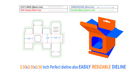 Square size hanging window box 3.50x3.50x3.50 inch snap lock mobile charger box, dieline template and 3D box design.のイラスト素材