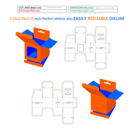Square snap lock mobile charger box, Hanging window box 2.25x2.25x2.25 inch box dieline template and 3D boxのイラスト素材