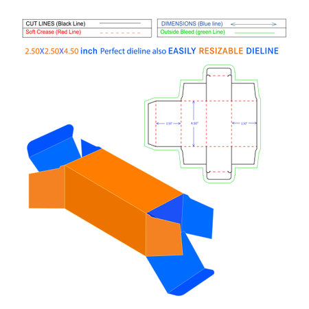 Straight tuck end folding box dieline template 2.50x2.50x4.50 inch with 3D box design.のイラスト素材