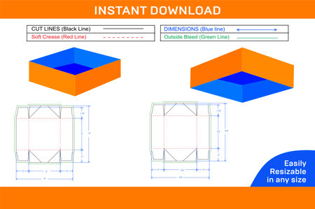 Lid box or collapsible 4 corner tray box die line template and 3D render vector designのイラスト素材